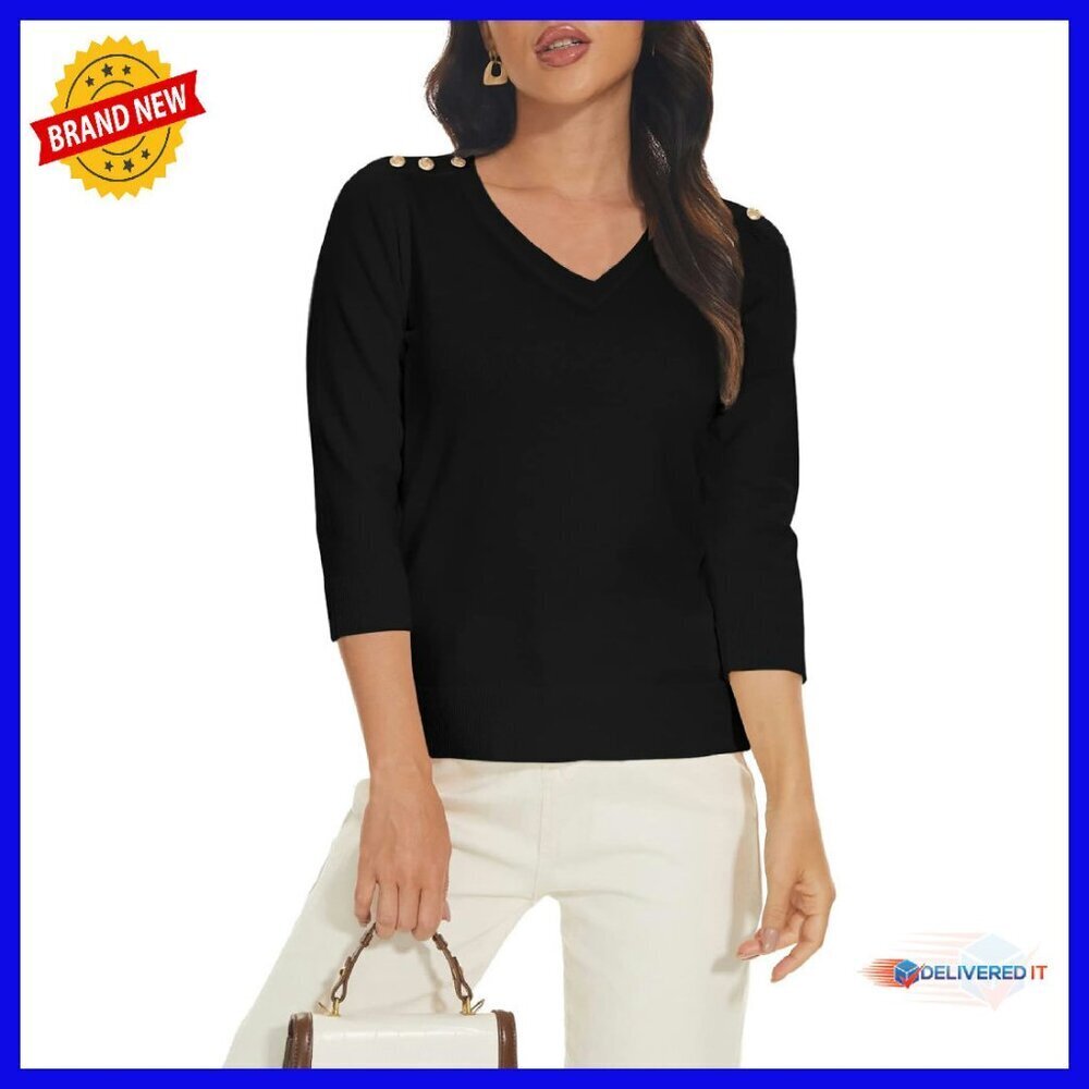 Lightweight 3/4 Sleeve V-Neck Knit Sweater Top, Stretchy Soft Fabric